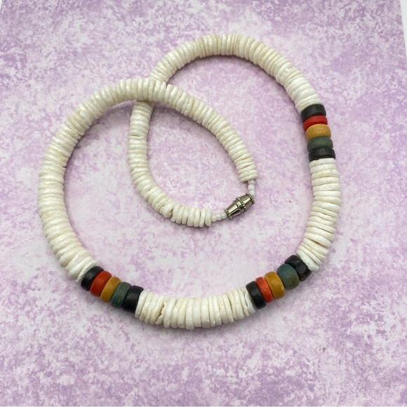 Puka Shell Necklace With Colored Clay Focal Beads - Picture 7 of 7